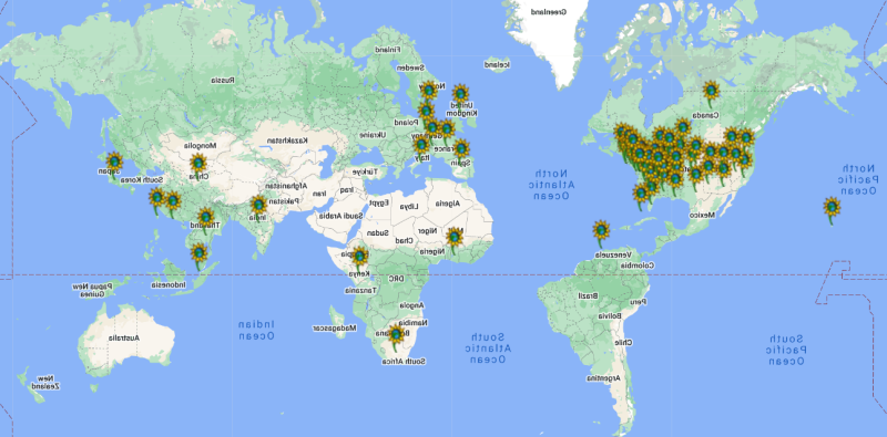 Global map showing locations by country of Bryn Mawr College volunteers