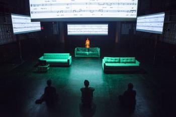 黑暗的舞台上，三个人坐在三张绿色沙发对面的地板上. 沙发上方悬挂着四个巨大的乐谱投影.